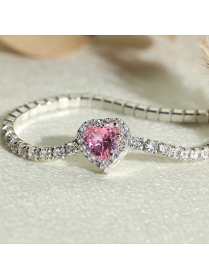 Hom Silver Jewelry 925 Ayar Gümüş Pembe Taşlı Kalp Tasarımlı Pandora Tarz Kadın Bileklik HSJ0257