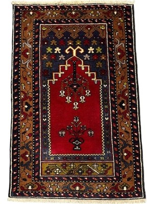 Burak Halı El Dokuması Sıfır Küçük Yahyalı Halısı Seccade 75X110 Kök Boya %100 Yün Namazlık Kırmızı