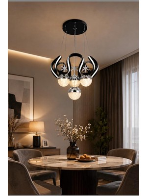 Elizim Home Lighting Lusso Luxury Kumandalı LED Avize 3 Renk Işıklı Modern Sarkıt Salon - Yatak Odası Avizesi 50 cm Siyah