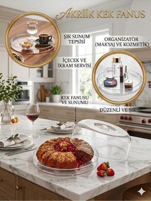 Empressco Kek Fanusu Şık Kek Pasta Sunum Standı Tepsi Fanus Kristal Çok Amaçlı Kullanım Sunum Tepsisi 27CM