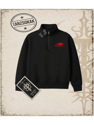 Tarzsokak Gotik & Grunge Streetwear Black Widow Omuzu Açık Spider Yarım Fermuarlı Sweatshirt