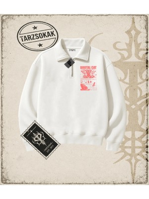Tarzsokak Gotik & Grunge Streetwear Brutal Cat Yarım Fermuarlı Sweatshirt