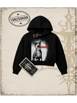Tarzsokak Gotik & Grunge Streetwear Cat Fuuuck Crop Kapşonlu Sweatshirt