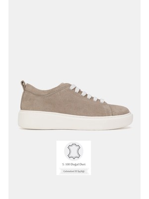 Tunaelli Kadın Bej Süet Hakiki Doğal Deri 35-41 Numara Eva Taban Bağcıklı Sneaker Ayakkabı