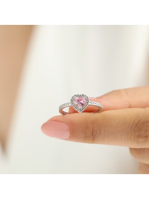 Hom Silver Jewelry 925 Ayar Gümüş Pembe Kalp Tasarımlı Pandora Tarz Kadın Yüzük HSJ0262