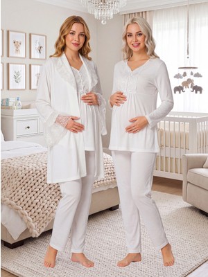 Lohussa Kadife Ekru Dantelli Özel Tasarım Kışlık Hamile Lohusa Sabahlık Pijama Takımı Seti