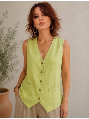 Boutique Bade Pamuk Keten Cep Detaylı Yelek Bluz