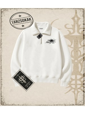 Tarzsokak Gotik & Grunge Streetwear Black Widow Omuzu Açık Spider Yarım Fermuarlı Sweatshirt