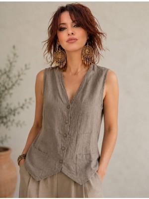 Boutique Bade Pamuk Keten Cep Detaylı Yelek Bluz