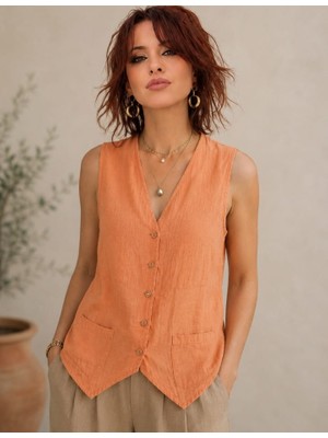 Boutique Bade Pamuk Keten Cep Detaylı Yelek Bluz