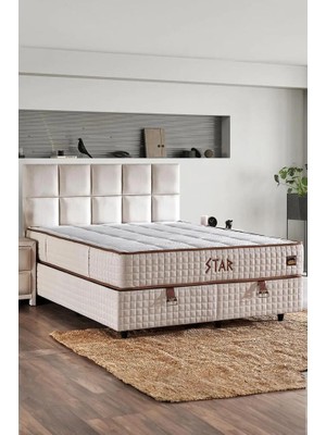 Niron Yatak Star Yatak Seti 200x200 cm Çift Kişilik Yaylı Sert Ortopedik Yatak Krem Keten Lüks Baza Başlık Takım