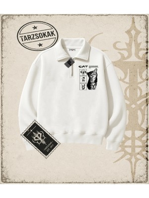 Tarzsokak Gotik & Grunge Streetwear Cat Retro (5) Yarım Fermuarlı Sweatshirt