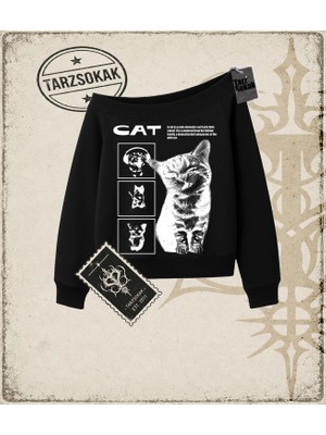 Tarzsokak Gotik & Grunge Streetwear Cat Retro (5) Kayık Yaka Sweatshirt