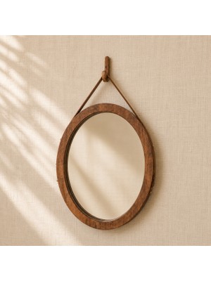 Debreli Ahşap Ahşap Çerçeveli Deri Askılı Oval Duvar Aynası (40X60 Cm)
