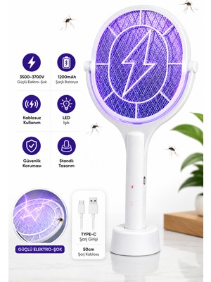 Mo Dou Elektrikli Sinek Öldürücü Raket 3500-3700V – 1200MAH Şarjlı, LED Işıklı, Standlı, Type-C Kablosuz Sivrisinek Öldürücü