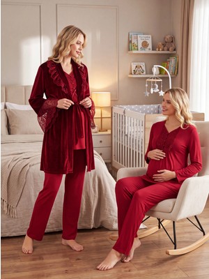 Lohussa Kadife Fuşya Dantelli Özel Tasarım Kışlık Hamile Lohusa Sabahlık Pijama Takımı Seti