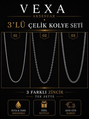 Vexa Aksesuar Vexa Akseuar Trio-1 Çelik Kolye Seti Gümüş Renk Kararmaz Çelik Kolye Unisex