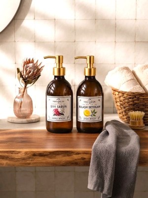 Trend Home Life Amber Gold Kapaklı 500 ml Sıvı Sabun Bulaşık Deterjanı Cam Şişe Stand Yoktur
