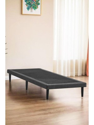 Niron Yatak Niron Slim Karyola 90x200 Tek Kişilik Baza, Metal İskeletli Yüksek Ayaklı Koyu Gri Keten Kumaşlı