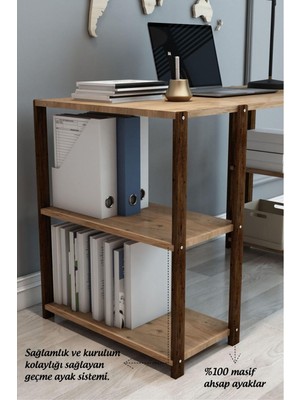 Fida Furniture Atlantik Çam 4 Raflı Ahşap Çalışma Masası Kitaplıklı Bilgisayar ve Ders Masası
