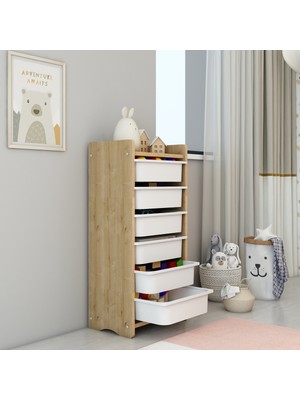 Fida Furniture Safir Meşe 6 Sepetli Oyuncak Dolabı Çok Amaçlı Çocuk Odası Organizer ve Düzenleyici