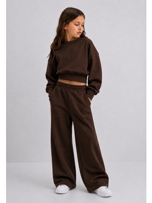Haha Kız Çocuk Oversize Sweatshirt Bol Paça Eşofman Takımı 2'li Kışlık Spor Takım
