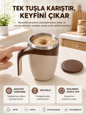 Masa Dostu Manyetik Karıştırıcı Kupa USB Şarjlı Otomatik Karıştırma Çift Katmanlı Tdms-07