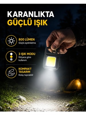 Şarjlı Cob LED Anahtarlık Fener – 4 Modlu, Manyetik ve Katlanabilir Standlı Yeni Nesil