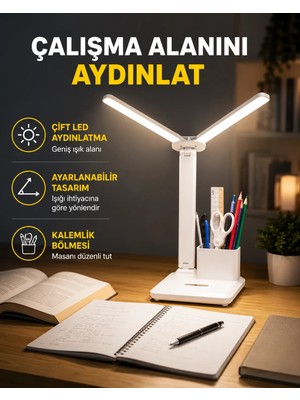 GRAYLINE Kısılabilir LED Masa Lambası – Kalemlik ve Telefon Standlı, Göz Yormayan Işık Yeni Nesil