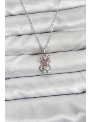 Esranın Dünyası 316L Çelik Zincir Gümüş Renk Teddy Bear Model Zirkon Taşlı Kadın Kolye 5886
