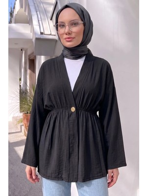 Modestim Kadın Düğme Detaylı Beli Lastikli Çilek Kumaş Yazlık Ince Siyah Tesettür Hırka Kap