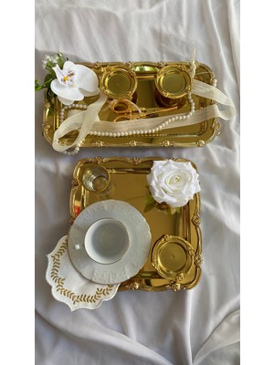 Zb Flowers Ayaklı Gold Nişan Tepsisi Söz Tepsisi Damat Kahve Seti Nişan Seti