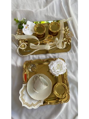 Zb Flowers Ayaklı Nişan Tepsisi Söz Tepsisi Gold Tepsi Damat Fincan Seti