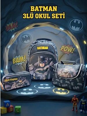 Orijinal Lisanslı Batman 3'lü Okul Seti – 3D Kabartmalı Çanta, Termoslu Beslenme Çantası ve Çift Gözlü Kalemlik