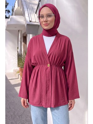 Modestim Kadın Düğme Detaylı Beli Lastikli Çilek Kumaş Yazlık Ince Bordo Tesettür Hırka Kap