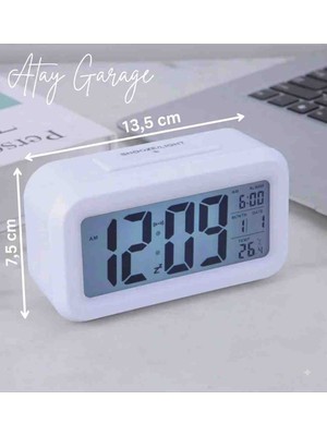 Atay Garage Dijital Alarmlı Masa Saati - Sensörlü Işıklı, Termometreli, Takvimli (13.5 x 7.5 Cm)