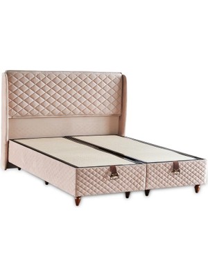 Niron Yatak Baklava Lüks Baza ve Başlık Seti 140x190 cm Çift Kişilik Metal Baza ve Başlık Takımı Krem Kumaş