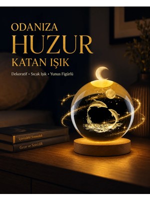Grandor Yunus Temalı Kristal Küre USB Işıklı Ahşap Altlıklı Gece Lambası