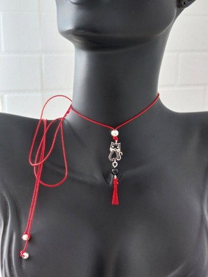 Luna Luster 925 Ayar Gümüş Zirkon Taşlı Kırmızı Ip Kedi Püskültasarım Choker Kadın Kolye