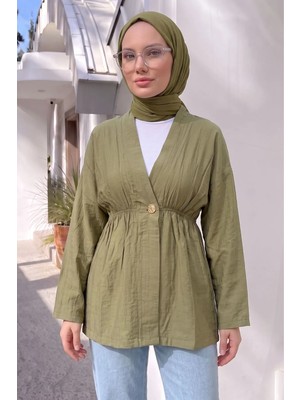 Modestim Kadın Düğme Detaylı Beli Lastikli Çilek Kumaş Yazlık Ince Haki Tesettür Hırka Kap