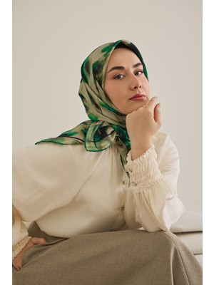 Silk Home Twill Ipek Eşarp Soyut Çiçek Desen Patina Yeşili 90X90