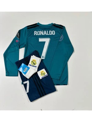 Ozsports Real Madrid 2018 Cristiano Ronaldo Turkuaz Röveşata Uzun Kol Çocuk Forması (Armalı Set)