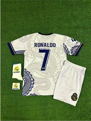 Ozsports Real Madrid Cristiano Ronaldo Beyaz Dragon Özel Tasarım Çocuk Forması 4'lü Armalı Set