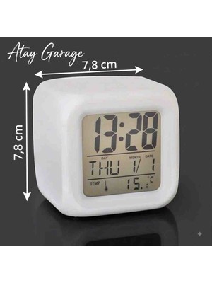 Atay Garage Dijital Renk Değiştiren Küp Masa Saati - Alarmlı, Termometreli, Takvimli Gece Lambası