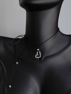 Luna Luster 925 Ayar Gümüş Zirkon Taşlı Siyah Ip Kalp Tasarım Choker Kadın Kolye