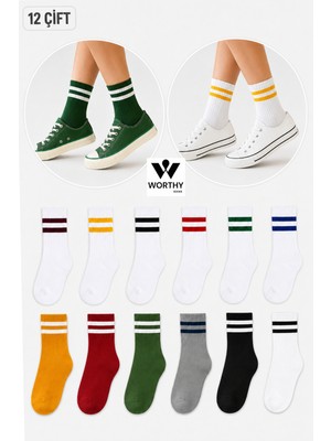 Worthy Socks 12'li Çok Renkli Çizgili Pamuklu Kolej Çorap
