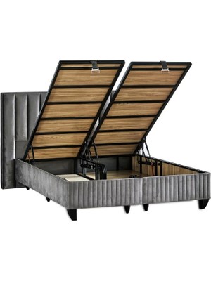 Niron Yatak Hades Lüks Baza ve Başlık Seti 180x200 cm Çift Kişilik Baza ve Başlık Takımı Koyu Gri Özel Kumaş