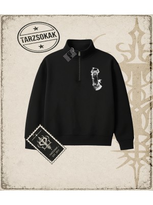 Tarzsokak Gotik & Grunge Streetwear Meow Yarım Fermuarlı Sweatshirt