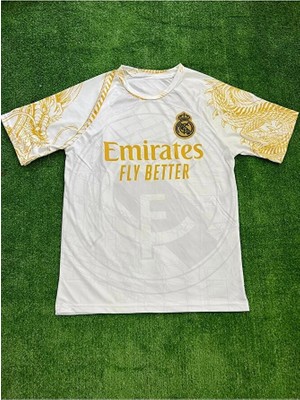 Ozsports Ronaldo Real Madrid Özel Tasarım Ejder Desenli Beyaz Sarı Forma Ejder Kol Desenli
