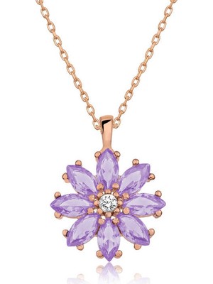 Tienda Elegante Gümüş Rose Lila Çiçek Kolye
